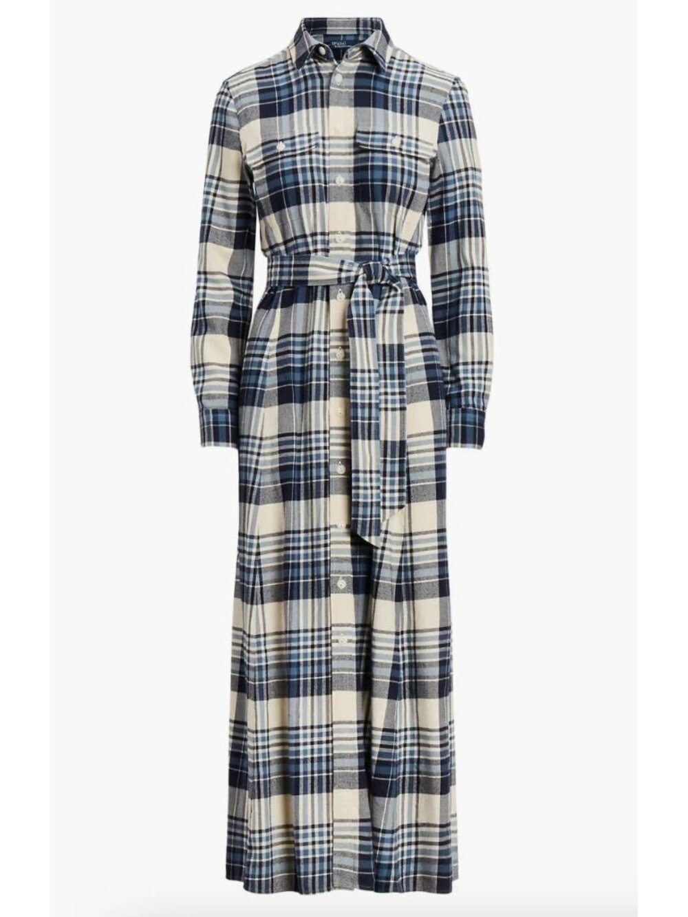 NWT Polo Ralph Lauren Plaid Twill Shirt Maxi in Blue Ivory Cotton Shirtdress 14 - Picture 3 of 7